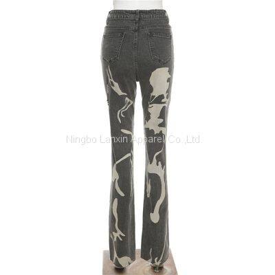 Womens Graphic Print Ripped Distressed Jeans Grey High Waist Y2K Straight Leg Denim Pants photo-2