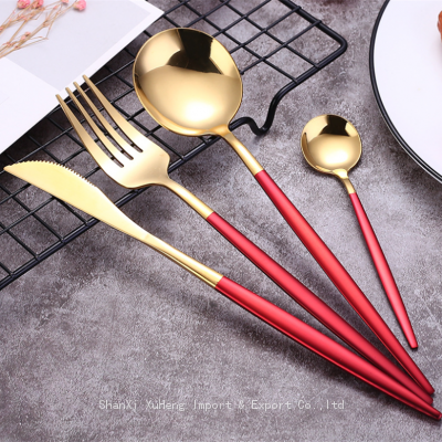 Gold Plated Knife Fork Spoon Cutlery Set With Red Colored Handle For Wedding Table Decoration