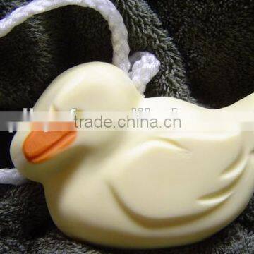 Bar soap of duck shape on a rope