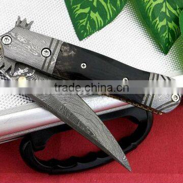 udk f210" custom handmade Damascus folding knife / pocket knife with Damascus steel bolster and Buffalo horn handle