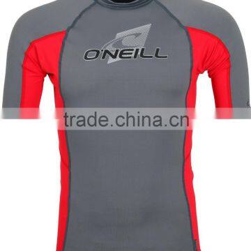 92% Polyester 8% Spandex (Lycra) Short Sleeves Grey Compression Shirt / Rash Guard with Red Side Panels