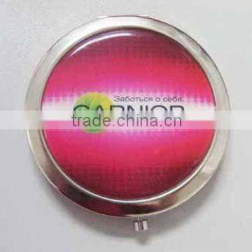 Double sided metal pocket compact mirror with epoxy resin sticker