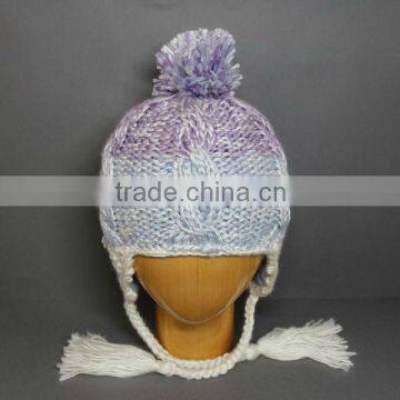 CUSTOM ICELAND YARN EARFLAP POMPOM HAND MADE WINTER HAT FOR HIRL'S HAT