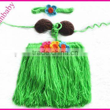 handmade crochet skirt bra and headband,newborn green funny cloths for baby,baby photo prop hula set