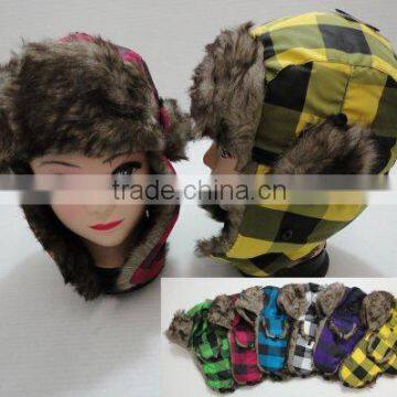 Fashion winter faux fur earflap trapper hat with check pattern