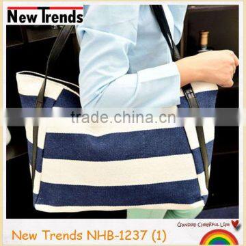 Blue and black stripes canvas handbag with PU shoulder