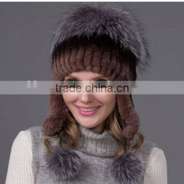 2016 Fashion Popular Knit Rex Rabbit and Sliver Fox Fur Women Trapper Hats