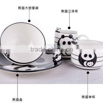 creative cartoon lovely panda ceramic 4-piece set solid bowl and mug, promotional cowl porcelain suit