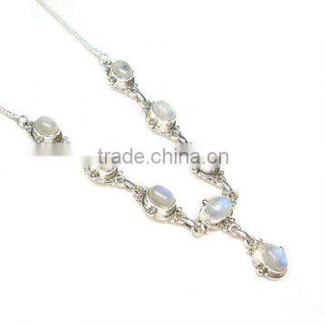 925 Sterling Silver Cabochon Rainbow Moonstone Necklace