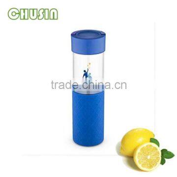 fancy glass drink bottle with silicone sleeve and high quality but low price