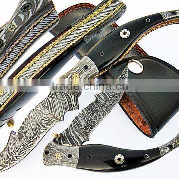 A BUFFALO HORN HANDLE HANDMADE DAMASCUS BOLSTERS, DAMASCUS STEEL LINER LOCK HUNTING FOLDING KNIFE