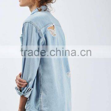 Guangzhou Factory Price 2016 Ripped Washed Denim Shirts Wholesale