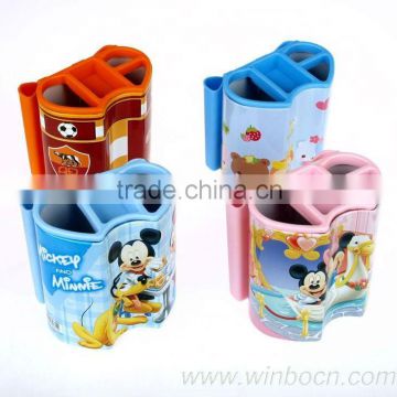 Double heart-shaped tin kids cartoon pen holder