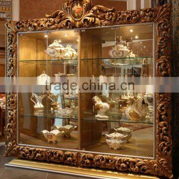 Luxury French Rococo Style Golden Living Room Glass Dispaly Cabinet/ Antique Fancy Double Door Wine Cabinet, Showcase, Vitrine photo-3