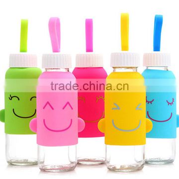 X008 Portable 300ML glass bottle Student bottle with silicone sleeve smile water sport bottle