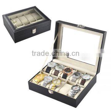 10 Slot Display Carbon Fiber Stripe Packing Box For Watch, With Acrylic Window Gift Package Boxs