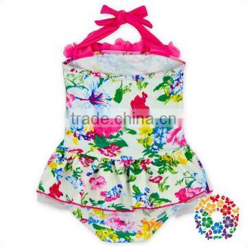 Hot Pink Floral Cotton Halter Backless Girls Swimwear Kids photo-5