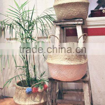 Decorative Seagrass Storage Baskets, Belly Seagrass Basket With Pompoms photo-3