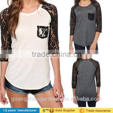 OEM custom logo blank baseball shirts ladies 3/4 lace sleeve raglan t-shirts wholesale china