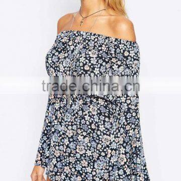 2015 Fashionable Hot Sale OEM Customized Off Shoulder Romper With Flutter Sleeves in Pretty Floral Print photo-4