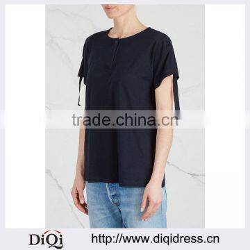 Wholesale Women Apparel Ruched Sleeves Navy Cotton and Cashmere Blend T-shirt(DQE0358T)