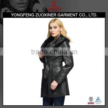 washed pu leather coat with big fur collar for women's