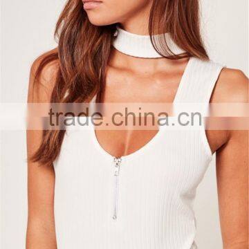 MGOO 2017 High Fashion White Ribbed Bodysuits For Women Sexy Chocker Neck Zip 95% Cotton 5% Spandex Tops photo-5