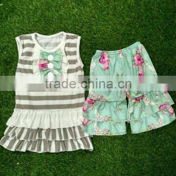 summer Girls Sets New Arrivals 2016 Little Girls Boutique Remake Clothing Set Girls cute stripes and greenshorts Ruffle Sets