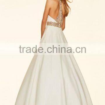 A-line High Neck Beading Stones Satin Prom Dresses 2016 photo-3