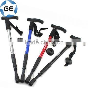 Curved Grip 4 Sections Telescopic Trekking Pole Outdoor Walking Alpenstock Aluminium Alloy Rubber Handle Hiking Stick