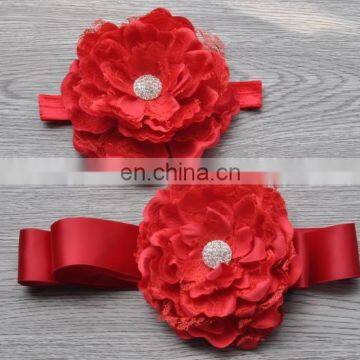 2 Pcs Set Laced Peony Flower Sash Belt Matching Headband For Kids photo-2