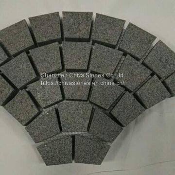 Black Grey Granite Cobble Stone Brick Fan Shape Outdoor Road Heavy Duty Mesh Backside Paving Stone Tiles