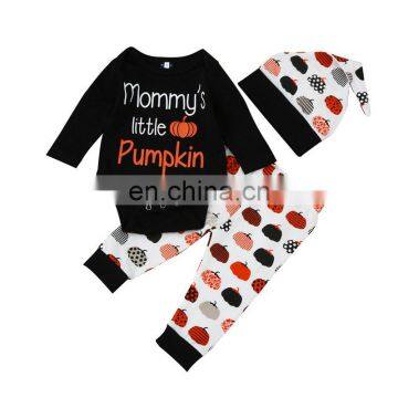 Halloween Clothes Newborn Baby Boy Girl Long Sleeve Mommy's Little Pumpkin Romper Pant Hat 3PCS Outfit Kids Clothing Set