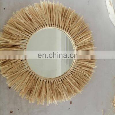 OEM home decoration raffia grass Lafite grass glass moon mirror wall hanging