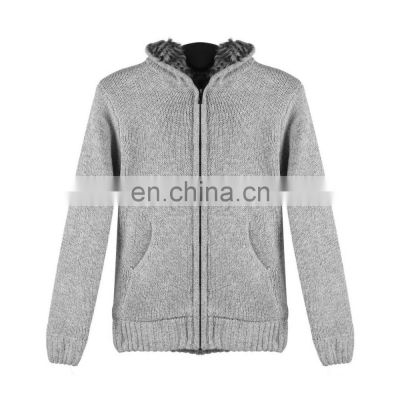 Outdoor Winter Jacket Mens Cardigan Sweater Fur Wool Lining Hoodie Knitted Hooded Coat