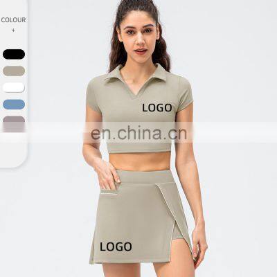 Wholesale Custom Logo Sports Tennins Two Piece Tracksuit Women Golf Gym Fitness Stand Collar Crop Top And Shorts Skirt Suit Set