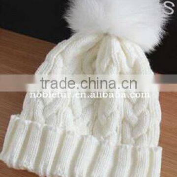 charming solid color female wool beanie hat with fur ball on top