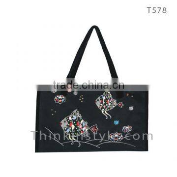 Sequins and beaded fish on canvas fabric bag T578