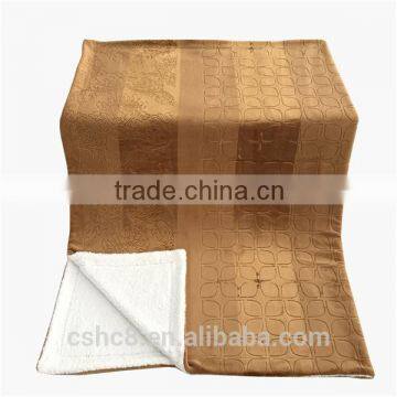 luxury 100% polyester embossed flannel blanket with golden stripe