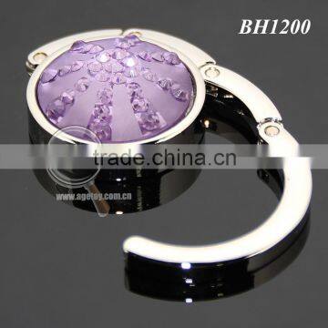 Purple Crystal Diamonds Round Shaped Zinc Alloy Silver Plated Metal Folding Wholesale Handbag Holder