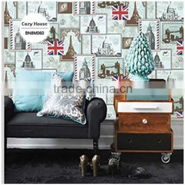 stock printing vinyl wallpaper, english architectural wall paper for children , strippable wall paper sample