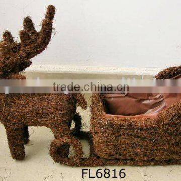 Rattan Reindeer With Sleigh Planter