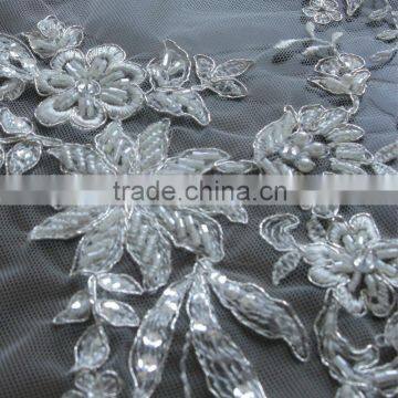 White Full Beaded Embroidery Mesh Lace Fabric With Stones