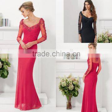 HA-005 2015 Beautiful Charming V-neck Sheer Full Sleeve Celebrate Dress A-Line Appliques Pleats Prom Quinceanera Dress