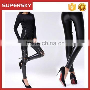 B427 Popular High waist pants hole knee lace rivet pu imitation leather leggings wholesale