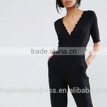 2016 Women Sex Elastic V-neckline Side Pockets Pure Color Pencil Pants Jumpsuit photo-4