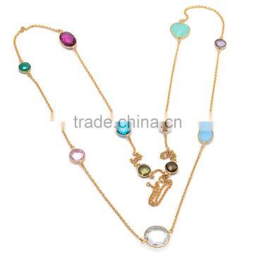 Mixed Gemstone Necklace Aqua Chalcedony Topaz Moonstone Dyed Ruby Sterling Silver Chain