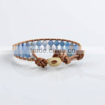 Lap Beaded Blue Frosted Agate Stone Natural Leather Bracelet for Women Party Jewelry Wholesale photo-4