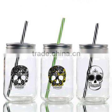 16oz Halloween Theme Skull Decal Glass Mason Jar Without Handle