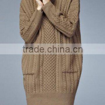 Ladies' turtle neck long sleeve loose dress computer knitted sweater with pocket